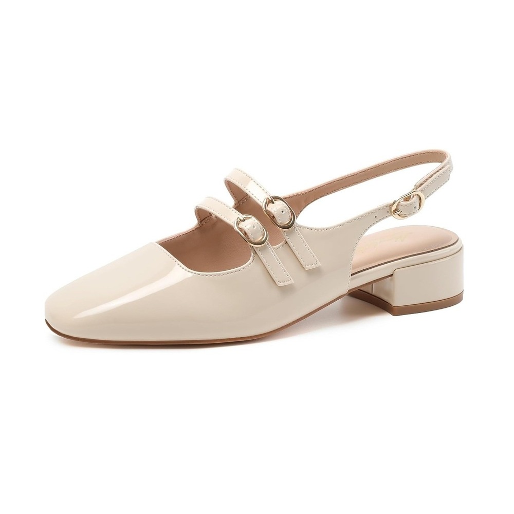 Mostrin Mary Jane Slingback Women 41 Cream Patent Double Strap Block Heel  NWT